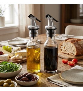 2’li Cam Yağlık Sirkelik Seti, 300 ml x 2, Akış Kontrollü Kapaklı Zeytinyağı ve Sirke Şişesi, Salata Sosu ve Sıvı Baharat Sunum Seti, Şeffaf