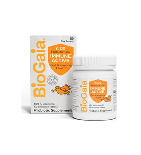 BioGaia Immune Active Kids Probiotic + Vitamin D Ages 3+ Allergen Dairy Soy Gluten Free By Pediatricians 60 Day Supply Orange Flavored Chewable.