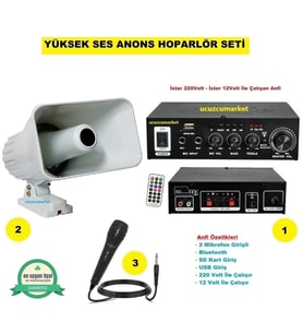 Yüksek Ses Anons Pazarcı Hoparlör Seti (Açık Hava Horn Hoparlör - Mikrofon - USB - Sd Kart Girişli Mobil Amfi)