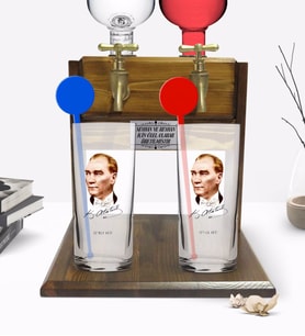 BK Gift Kişiye Özel Renkli Baskılı Atatürk Temalı İkili Vodka Bardağı ve Çift Musluklu Doğal Ahşap Vodka Standı-15 (Model 1)