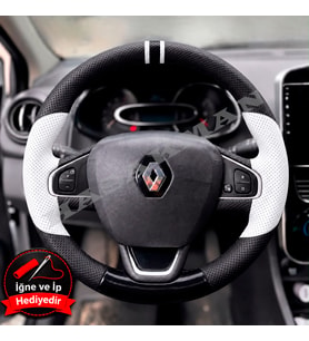 Renault Clio 4 Dikme Direksiyon Kılıfı Delikli Deri Parlak Siyah Beyaz Detay Çift Yüzük ve Dikiş 2012-2019