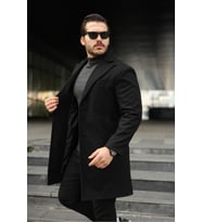 Slim Fit Astarlı Uzun Kaşe Kaban (Siyah)