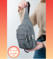 Gri Unisex Su Geçirmez Krinkıl Kumaşlı Fermuarlı 5 Bölmeli Çapraz Body Bag Vücut Çantası (Gri)