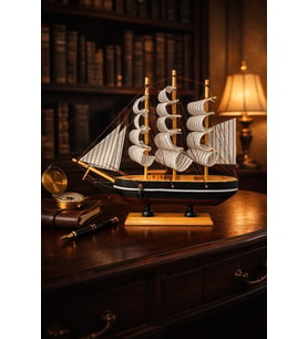 Dekoratif Premium Ahşap El Yapımı Yelkenli Gemi Maketi MasaÜstü Biblo 24 x 24CM Siyah-Lacivert 529-D