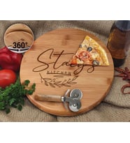 BK Gift Kişiye Özel İsimli Bambu Ahşap Döner Tablalı Pizza Tahtası-12, Pizza Kesme Tahtası Seti, Şarküteri Tahtası, Servis Tepsisi, Ahşap Tabak, Eve Taşınma Hediyesi