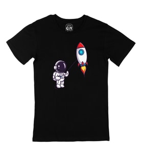 Astronot ve Roket Siyah Tişört
