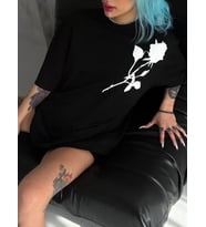Unisex Bisiklet Yaka Baskılı Oversize T-Shirt - Siyah