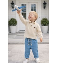 Erkek Bebek Polo Yaka Pantalonlu Müslin Kumaş Bebek Erkek İkili Takım Set Babyhola (Mavi)