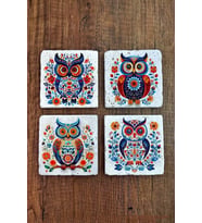 Doğal Taş Bardak Altlığı 4'lü Set 10x10x1 cm Renkli Baykuş Desenler -Stone Coasters