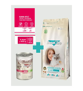 Bonacibo Sterilised Somonlu Kedi Maması 2 Kg & Sığır Etli Soslu Konserve Seti (6x400 gr)