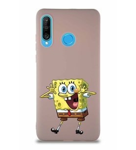 Huawei P30 Lite Soft Premier Kapak Sünger Bob Tasarımlı Silikon Kılıf - Pudra (Şeffaf)