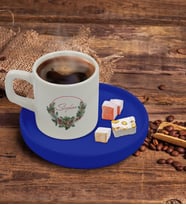 BK Gift Kişiye Özel Mavi Sunum Tabaklı Çiçek Tasarımlı Türk Kahvesi Fincanı Model 7
