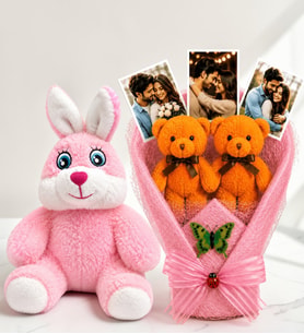 Kişiye Özel 3 Fotoğraflı Turuncu Peluş Ayıcık Buketi ve Pembe Peluş Tavşan Kadına Hediye Sevgiliye Hediye