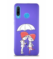 Huawei P30 Lite Soft Premier Kapak Aşk Tasarımlı Silikon Kılıf - Mor (Şeffaf)