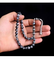 Zirkon Taşlı Gümüş Püsküllü Karlı Obsidyen Taşı Tesbih