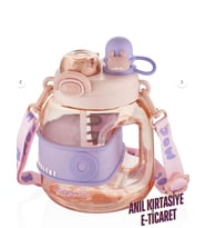 Vagonlife Tek Kapak Çift Kullanım Pipetli rahat Içim 1000 ml Boyun Askılı Çocuk Su Matarası (Pudra Pembe)