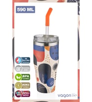Vagonlife Tumbler Özel Desenli Cup 590 ML Vakumlu Paslanmaz Çelik Termos Pipetli/Rahat İçim -FFVGN1001-590ML (Lacivert)