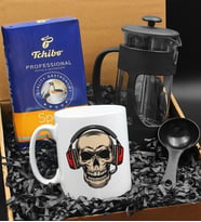 Özel Tasarımlı Kulaklıklı Kuru Kafa Kupa & French Press & 250 Gram Tchibo Proffesional Special Filtre Kahve Hediye Seti