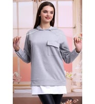 21404011 İkiiplik Kapşonlu Cepli Etek Garnili Uzun Sweatshir GRI MELANJ (Grimelanj)