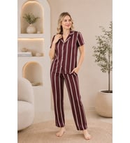 Mirano 4868 Dijital Baskı Kumaş Düğmeli Kısa Kolu Çizgili Kadın Pijama Takımı