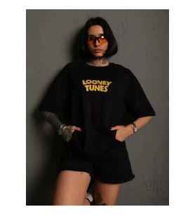 Unisex Bisiklet Yaka Baskılı Oversize T-Shirt - Siyah