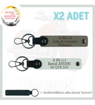 Motorcuya İsim Plaka ve A Rh (+) Kan Grubu Yazılı Anlamlı Hediye x2 Anahtarlık, Kül Gri-Beyaz-Laci