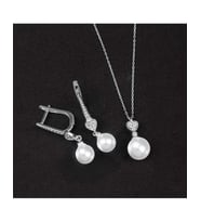 925 Ayar Zirkon Taşlı Kalpli Küre Gümüş İnci Set (Rodyum)