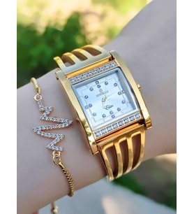 Revello Altın Kaplama Kaburga Modeli Swarovski Taşlı 30 mt Su Geçirmez+Bileklik RVL1992-A (Sarı)