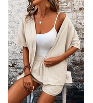 Kadın Kısa Kollu önü Açık Bürümcük Ceket Ve şort Ikili Takım