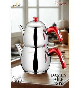 ELEGANT Damla Aile Boy Bakalit Kulplu Çaydanlık Takımı - Kırmızı İnsörtlü