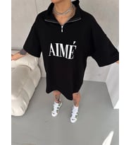 Kadın Yarım Fermuarlı Tişört Baskılı T-Shirt - Siyah