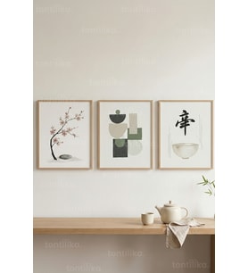 Zen Denge 3’lü Ahşap Çerçeveli Tablo Seti - Japandi Minimal Duvar Dekoru