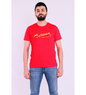 Sarı Kırmızı Atatürk imza Kısakol Erkek Slim Fit Tshirt
