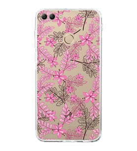 Huawei Y9 2018  Kamera korumalı Kapak Floral Pembe Tasarımlı  Şeffaf Kılıf