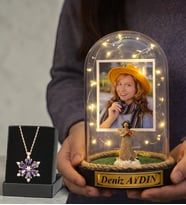 Fotoğraflı & Yazılı Led Işıklı Fanus ve Gerçek Ametist Taşlı Lotus Kolye Sevgiliye Anlamlı Hediye (Model 2)