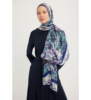 Schaless Çiçek Kozmosu - Lacivert - Aurora Desenli Janjan Şal - 70x190 Cm (Mor)