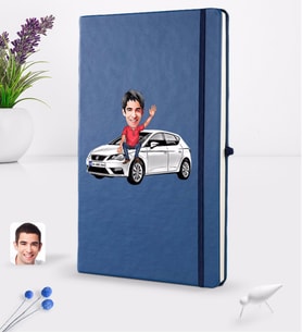BK Gift Kişiye Özel Plakalı Erkek Seat Leon Karikatürlü Lacivert Termo Deri Defter 16x24cm Model 1