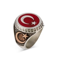 Ay Yıldız Ve Osmanlı Armalı Türk Bayrağı Gümüş Erkek Yüzük Kırmızı