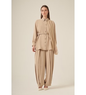 FTZ Women Kadın Şifon Detay Pantolonlu Takım Beige 31314