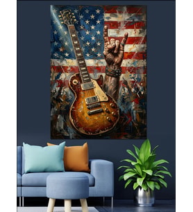 Amerikan Bayrağı Ve Rock Gitar Dekoratif Kanvas - Mdf Ahşap Tablo