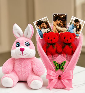 Kişiye Özel 3 Fotoğraflı Kırmızı Peluş Ayıcık Buketi ve Pembe Peluş Tavşan Kadına Hediye Sevgiliye Hediye