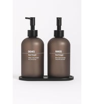 Bulaşık Deterjanlık ve Sabunluk Seti Bambu Tepsili Şık İkili Set Siyah Beyaz Modern Tasarım Kompozit Malzemeli Mutfak Tezgah Üstü Organizer (Gri Vintage)