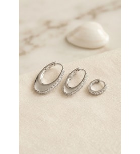 Gümüş Renk Oval Halka Model Zirkon Taşlı 3 lü Küpe Set