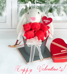 Solemia Premium Hediye Kutusunda 45 cm Beyaz Bunny Tavşan ve 5 Adet Kırmızı Peluş Ayıcık Buketi