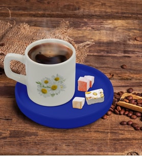 BK Gift Kişiye Özel Mavi Sunum Tabaklı Papatya Temalı Türk Kahvesi Fincanı Model 12