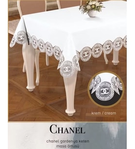 160x260 cm Chanel Model Gardenya Keten Krem-Krem Masa Örtüsü Şık Dekoratif