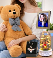 Size Özel Muhteşem Set Kahve Peluş Ayıcık, Renkli Anka Kuşu Kolye, Led Işıklı Fanus ve Fotoğraf (Model 8)