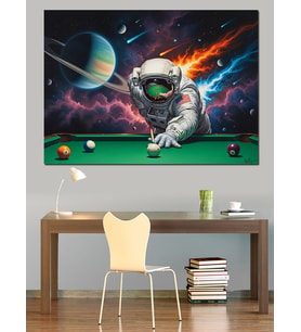 Uzayda Bilardo Oynayan Astronot Figürü Dekoratif Kanvas - Mdf Ahşap Tablo