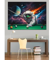 Uzayda Bilardo Oynayan Astronot Figürü Dekoratif Kanvas - Mdf Ahşap Tablo