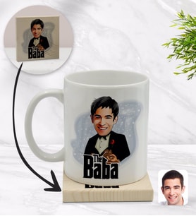 BK Gift Kişiye Özel Baba Godfather Karikatürlü Beyaz Kupa Bardak ve Ahşap Bardak Altlığı Hediye Seti - Model 4
